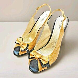 Pilar Abril Size 10 Peep Toe Slingback Heels Gold Leather Croc with Bow EU 41